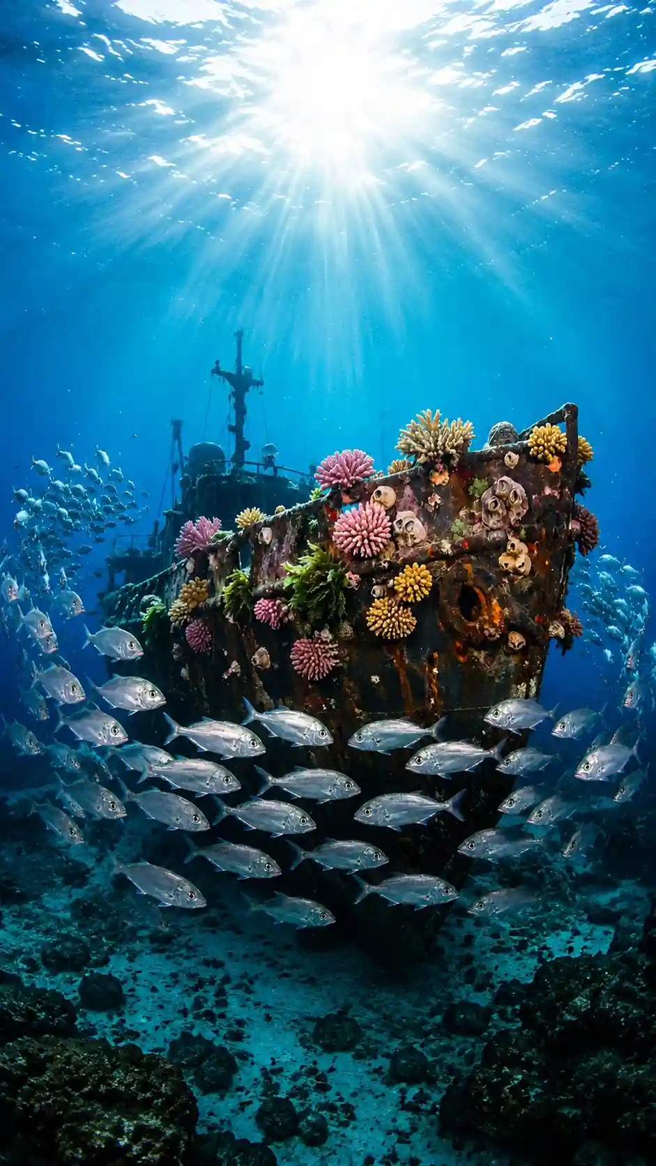 Majestätisches versunkenes Schiff umgeben von einem Schwarm silberner Fische in blauem Wasser