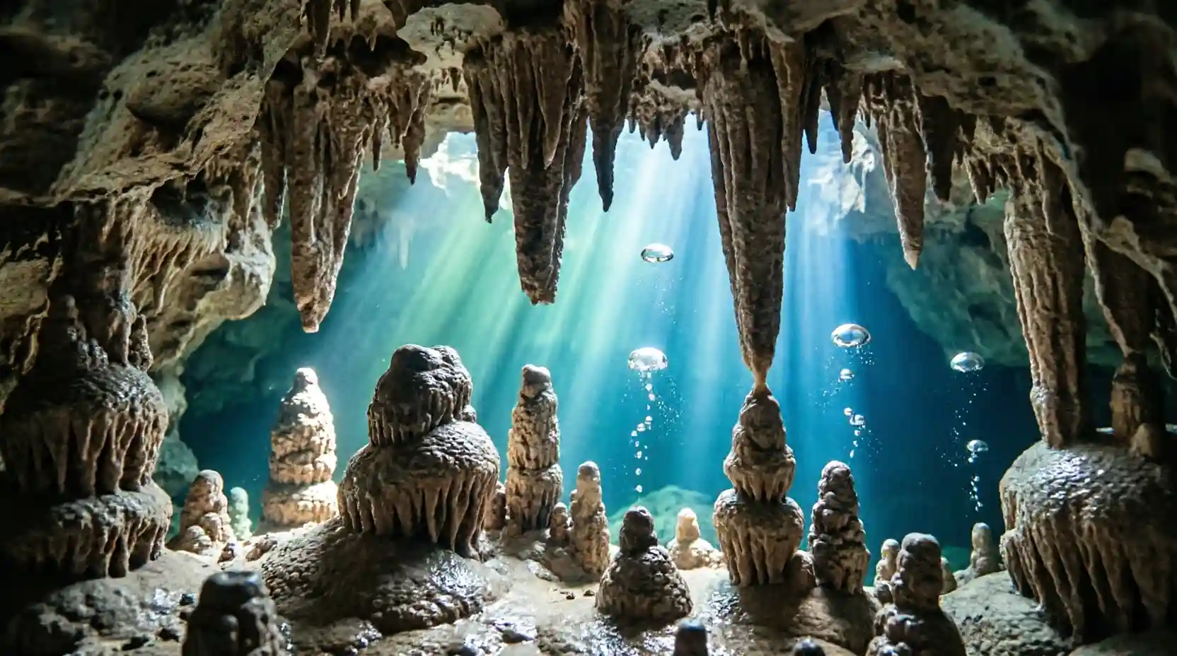 Unterwasserhöhle mit tropfsteinartigen Formationen und mystischem Lichtspiel